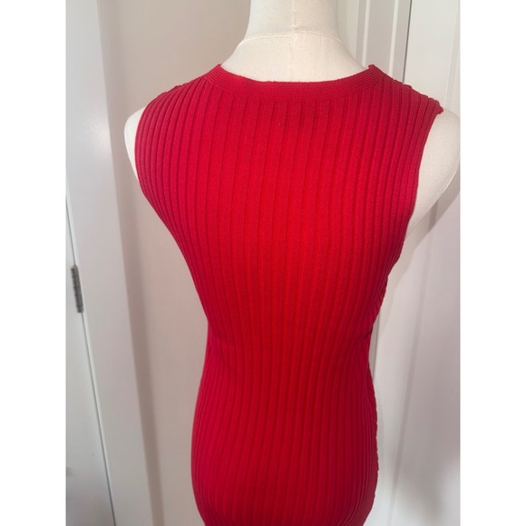Women Red Sleeveless Ribbed Bodycon Midi Dress Ruffle Hem - Picture 5 of 5